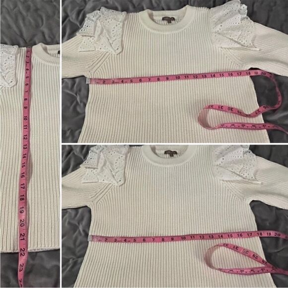LILLA P Eyelet Ruffle Shoulder Trimmed Crew Neck Ribbed Sweater White Size L - Picture 11 of 11